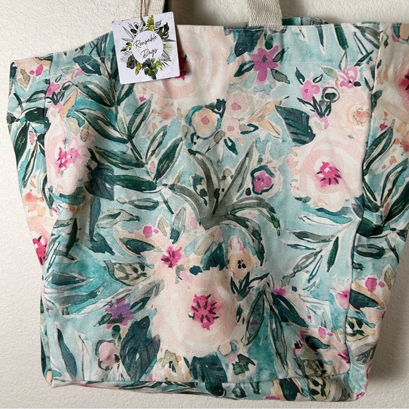 Large Boho, Beach, Cottage core vacation floral canvas tote bag with tag - Picture 2 of 7